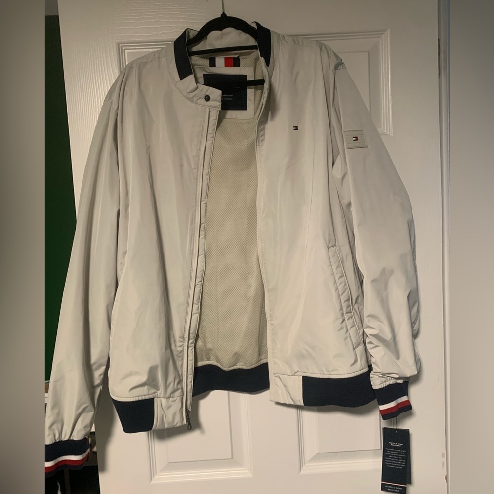Tommy Hilfiger Men's White and Navy Bomber Jacket